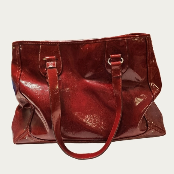Vintage Textured Deep Red Vegan Patent Leather Liz Claiborne Tote - Picture 7 of 17